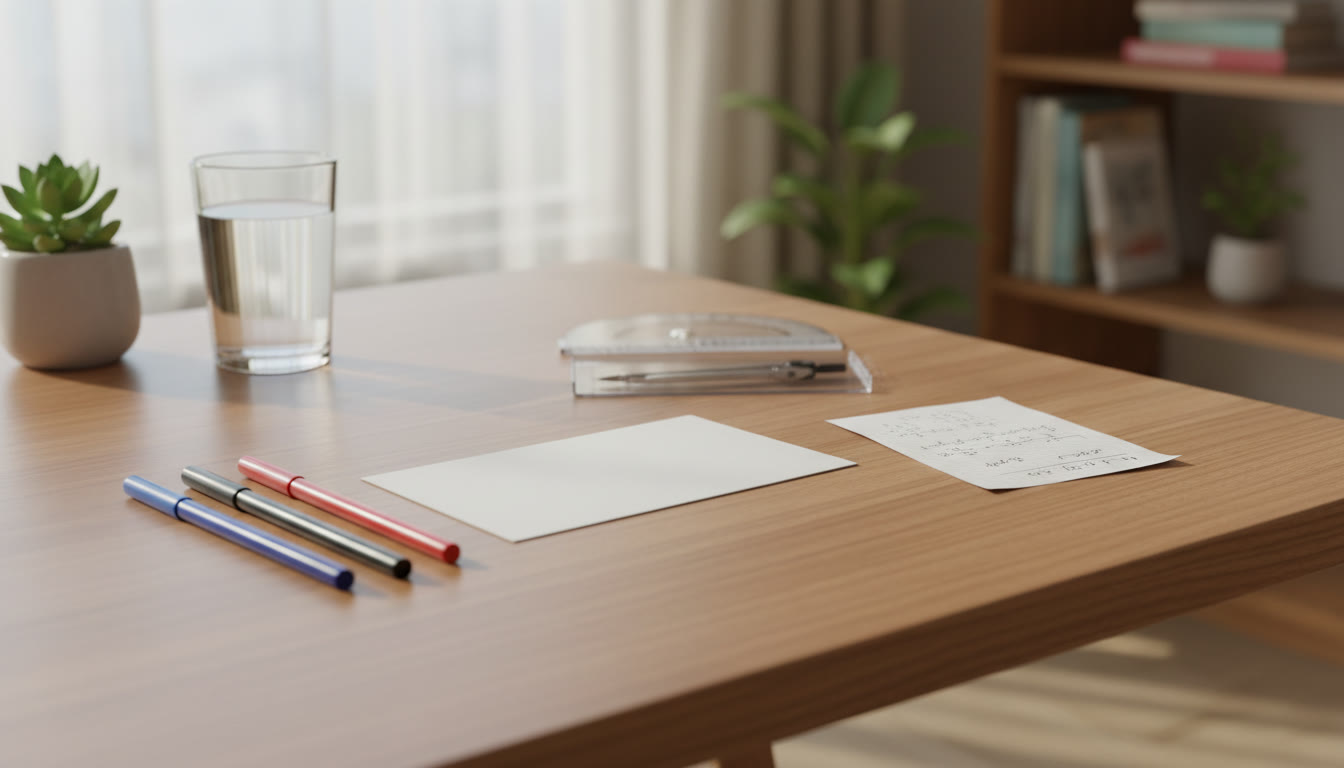 Photo Idea : A tidy exam kit laid out on a table: pens, admit card placeholder, small formula sheet