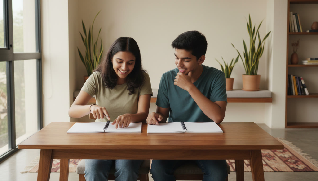Photo Idea : Two students at a study table comparing two notebooks labeled