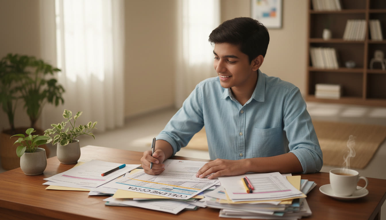 Photo Idea : A focused student reviewing a stack of documents and college preference lists at a desk
