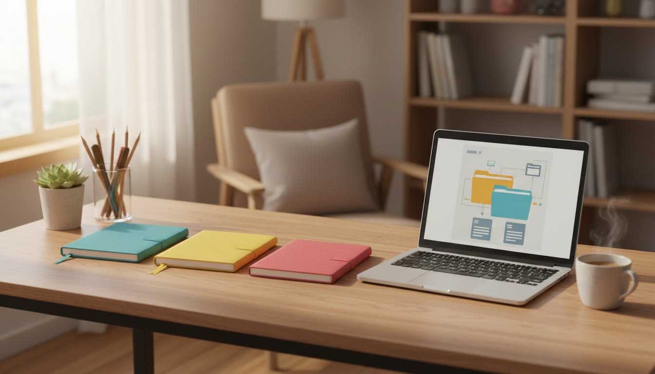 Photo Idea : A tidy study desk with three colored notebooks labeled IA, EE, TOK and a laptop showing a document folder structure