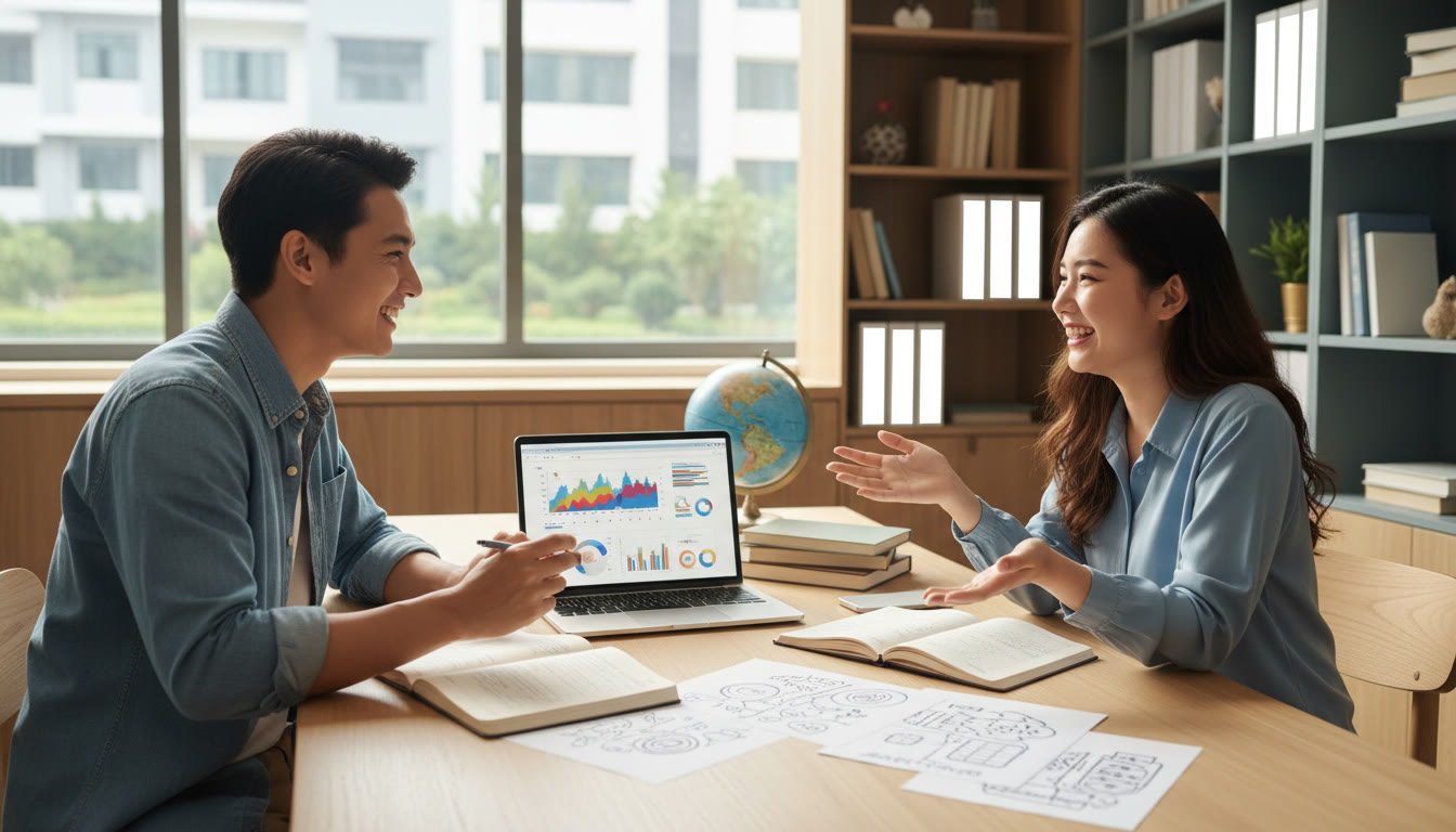 Photo Idea : student practicing a mock interview with a peer across a table, a laptop open and paper notes spread out