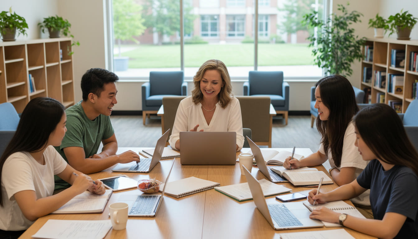 Photo Idea : A diverse group of IB students and a counselor around a table with laptops and notebooks