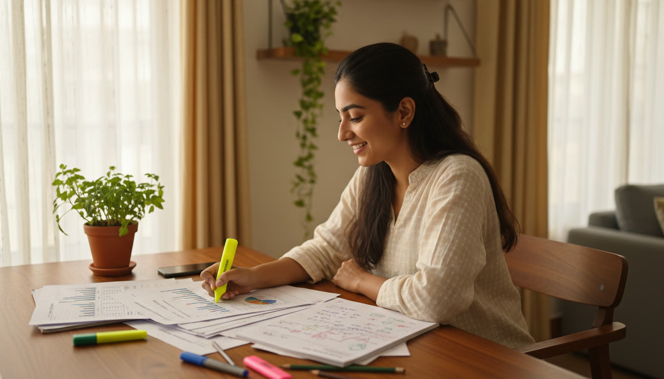Photo Idea : Student reviewing a printed mock test report at a desk with notes and highlighters