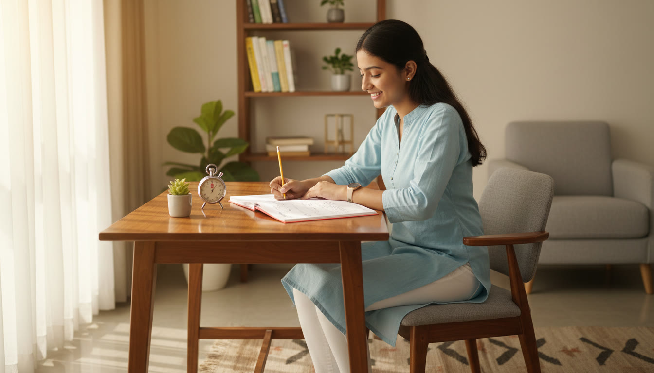 Photo Idea : Student taking a full-length mock test at a desk with a stopwatch and a notepad