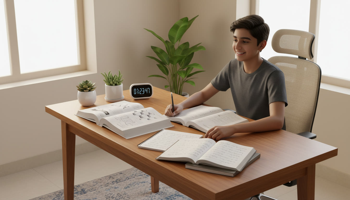 Photo Idea : Student at a study desk with physics, chemistry and mathematics books open, a timer running, and neatly written notes