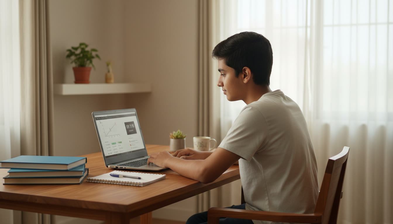 Photo Idea : A focused student at a well-organized desk, practicing a timed mock test on a laptop with physics and chemistry books beside them