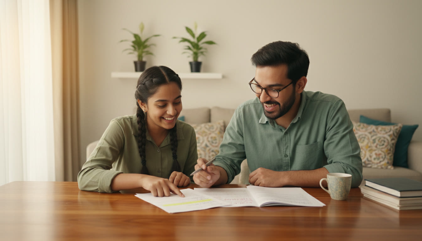 Photo Idea : A student and a tutor reviewing a mock paper together, pointing at highlighted mistakes and notes.