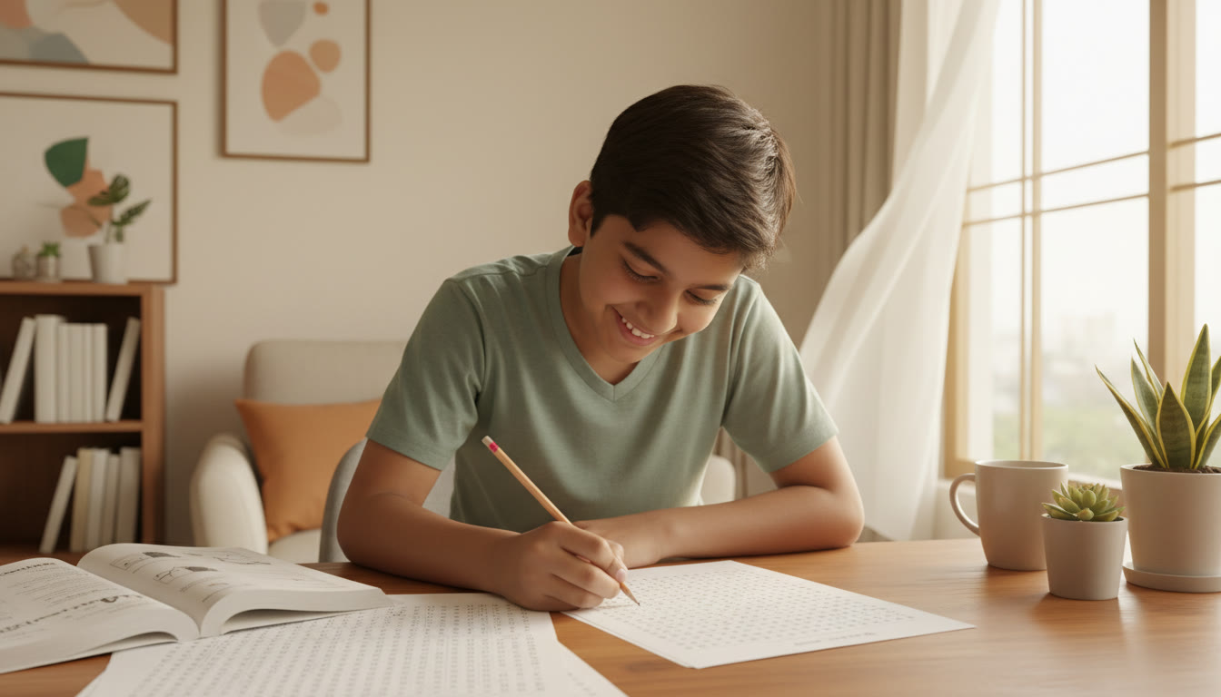 Photo Idea : Student filling an OMR sheet carefully with a focused expression