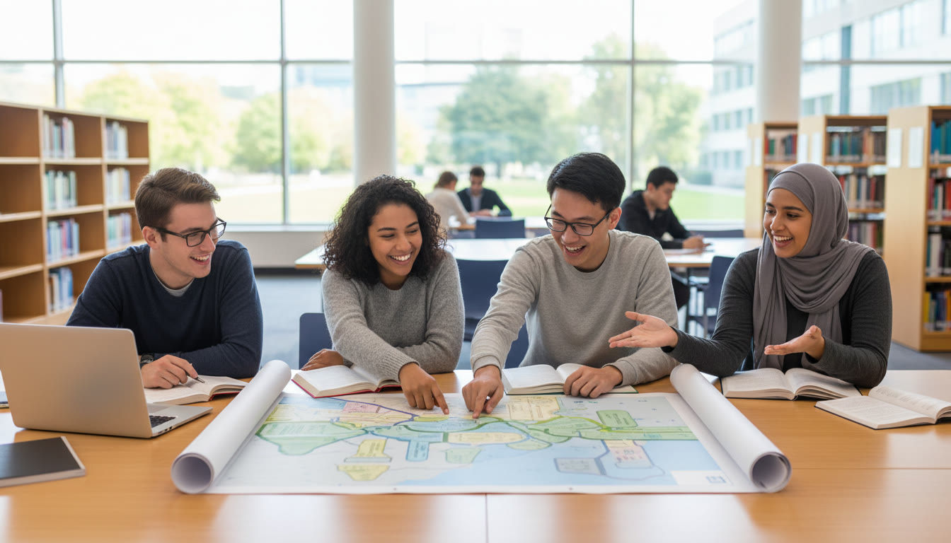 Photo Idea : A group of diverse IB students around a table with notebooks, subject guides, and a laptop, smiling and pointing at a map of majors.