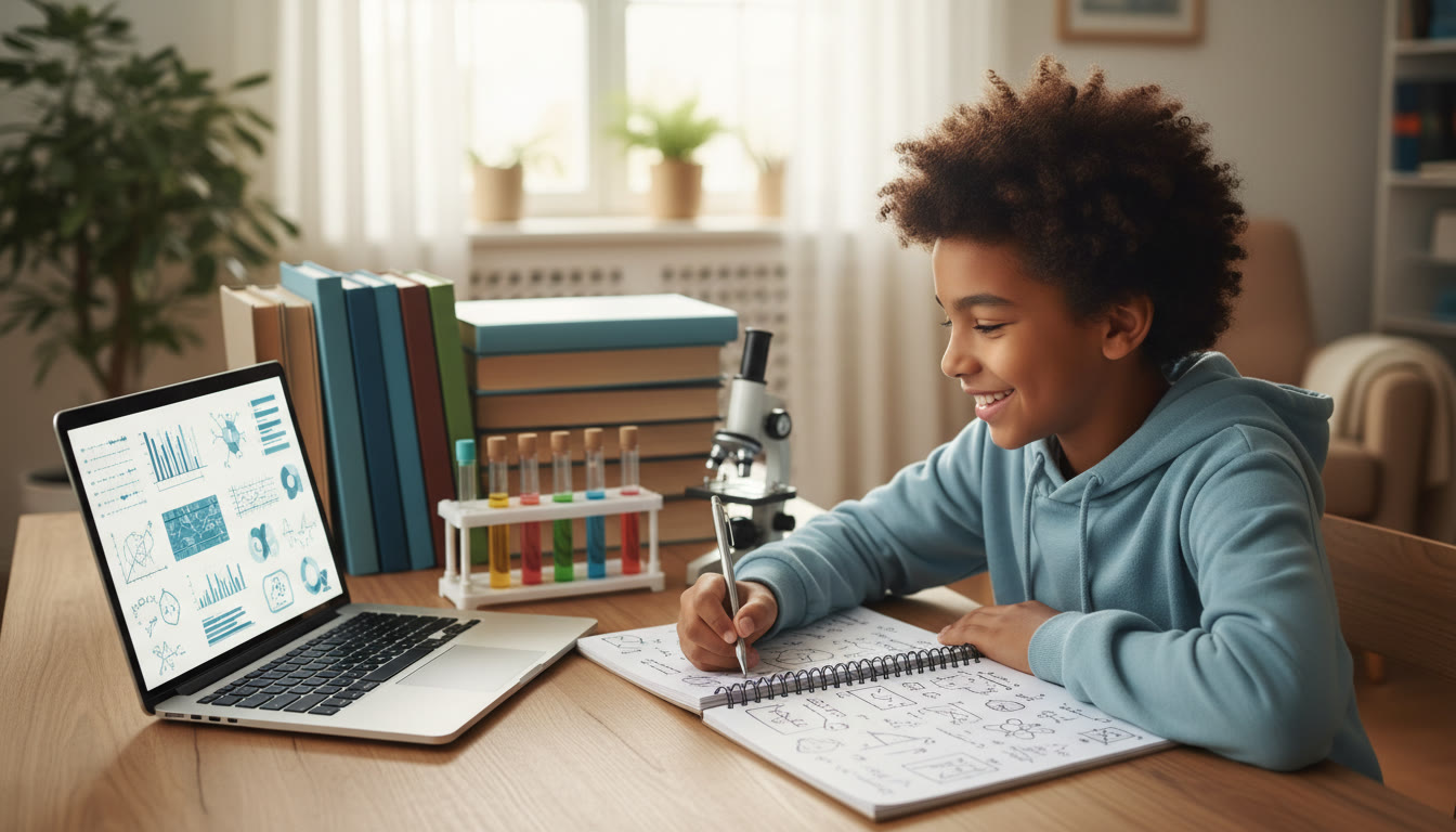 Photo Idea : A focused student at a desk surrounded by a laptop, notebook, a science kit and a stack of books