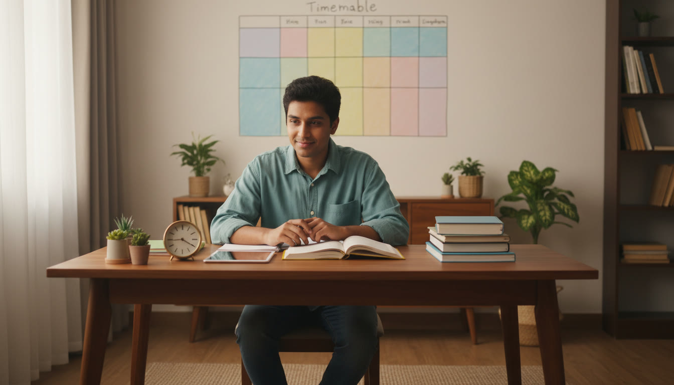 Photo Idea : A focused student at a tidy desk with textbooks, a clock, and a color-coded timetable on the wall