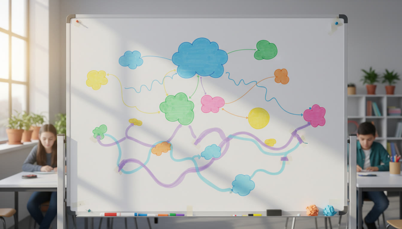 Photo Idea : A whiteboard with interconnected sticky notes linking "AOKs", "WOKs" and sample Knowledge Questions