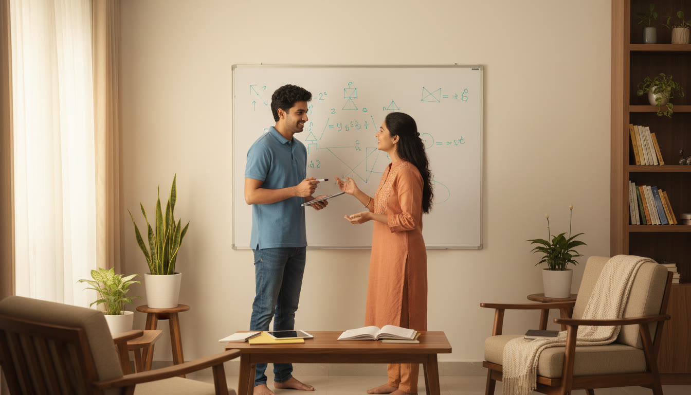 Photo Idea : A student and a tutor working one-on-one over a whiteboard, discussing problem steps and notes.
