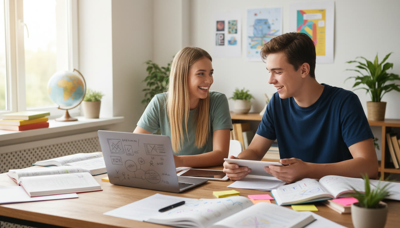 Photo Idea : a tutor and student working together with annotated textbooks and a laptop showing an essay draft
