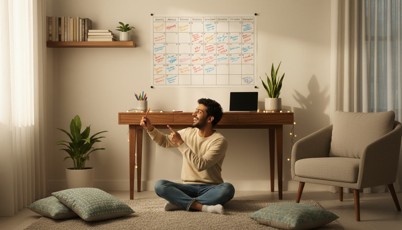 Photo Idea : Student marking a one-year study calendar on a wall with colored pens