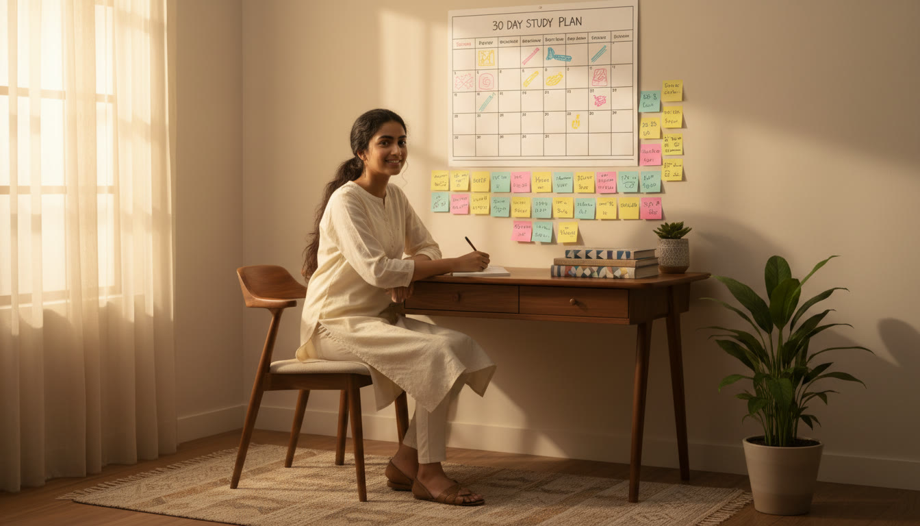 Photo Idea : A student at a desk with a calendar marked with a 30-day study plan, colorful sticky notes and neatly arranged textbooks