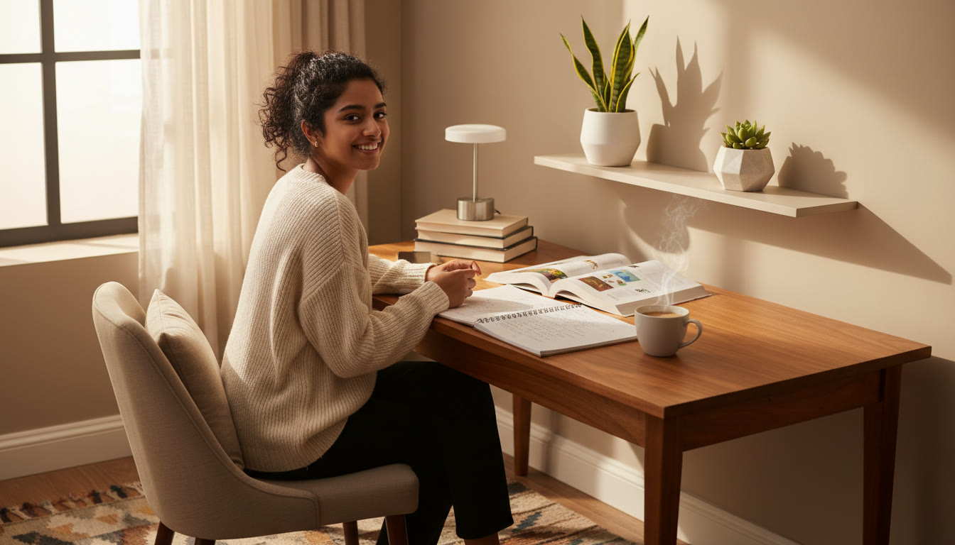 Photo Idea : Student at a study table with an open ISC textbook, notebook, and a cup of tea, soft natural light