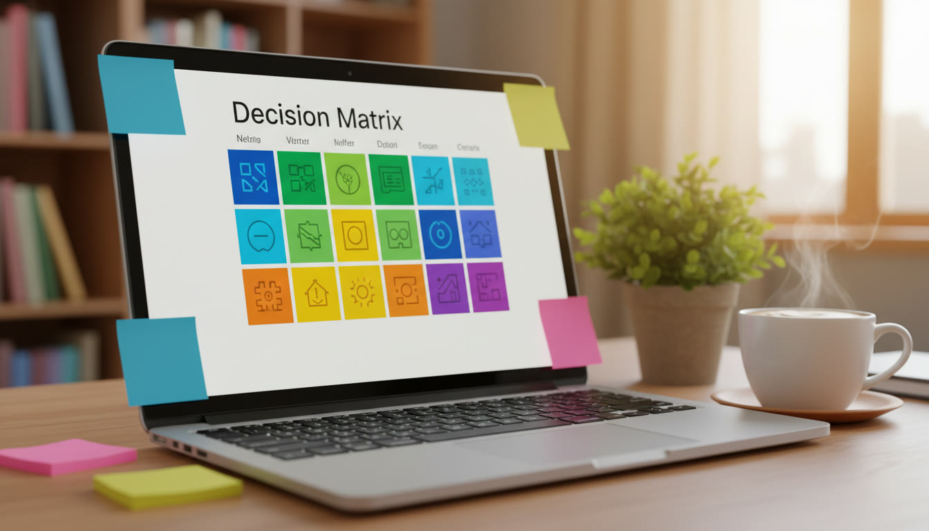 Photo Idea : A close-up of a decision matrix on a laptop screen with colored sticky notes and a cup of coffee nearby