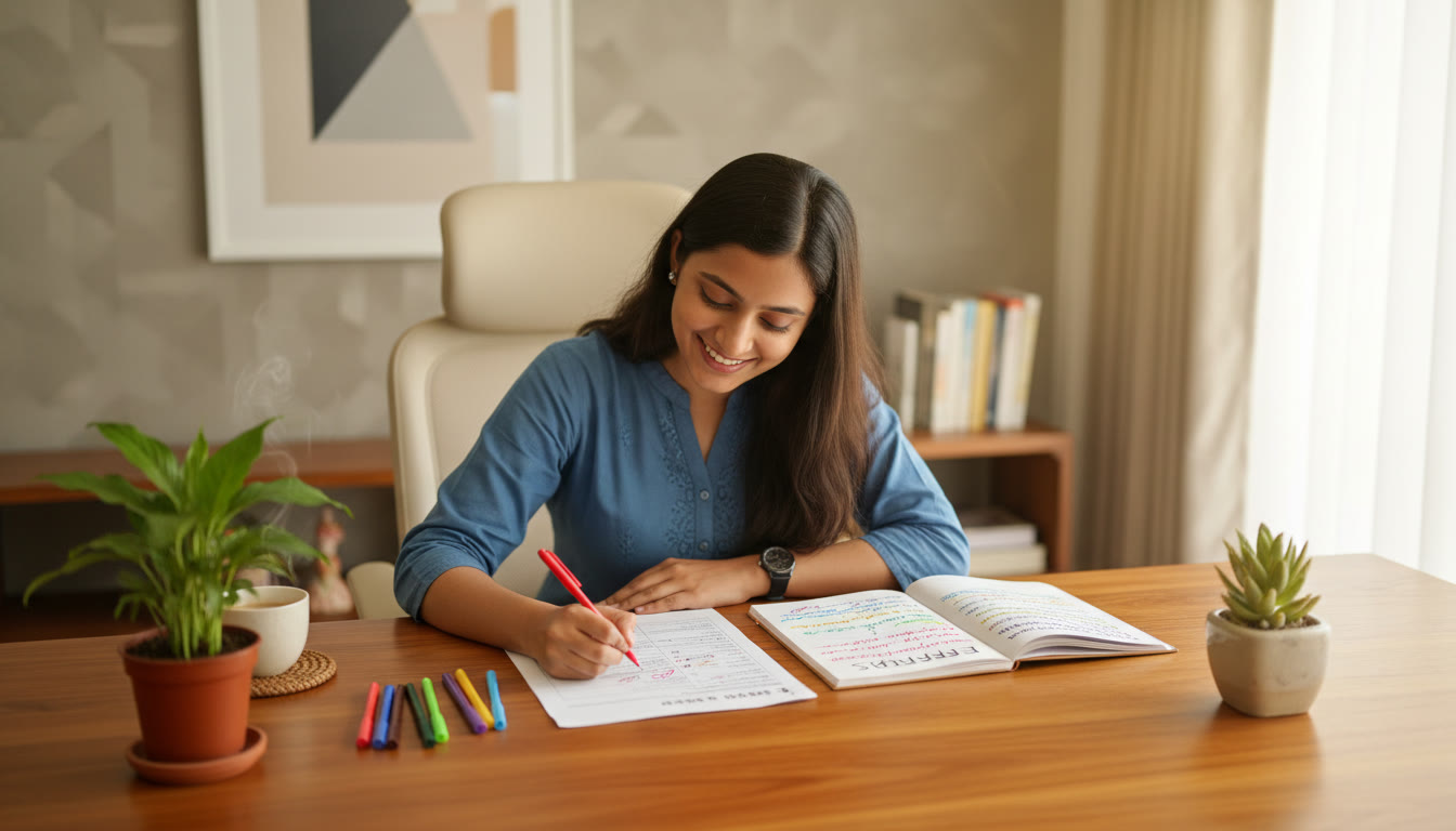 Photo Idea : A student analyzing a mock test paper with colored pens and an "error log" open