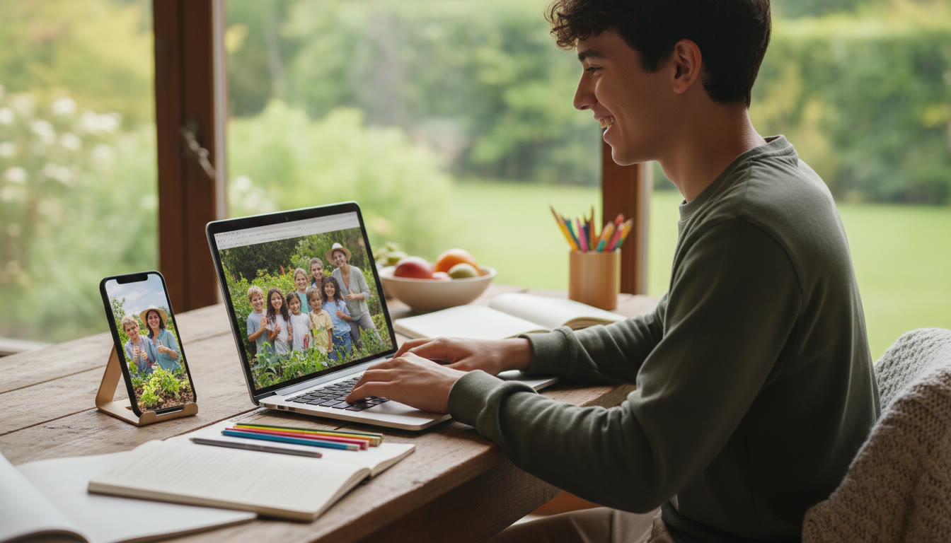 Photo Idea : A student writing a CAS reflection on a laptop while a phone shows a photo taken during a service activity