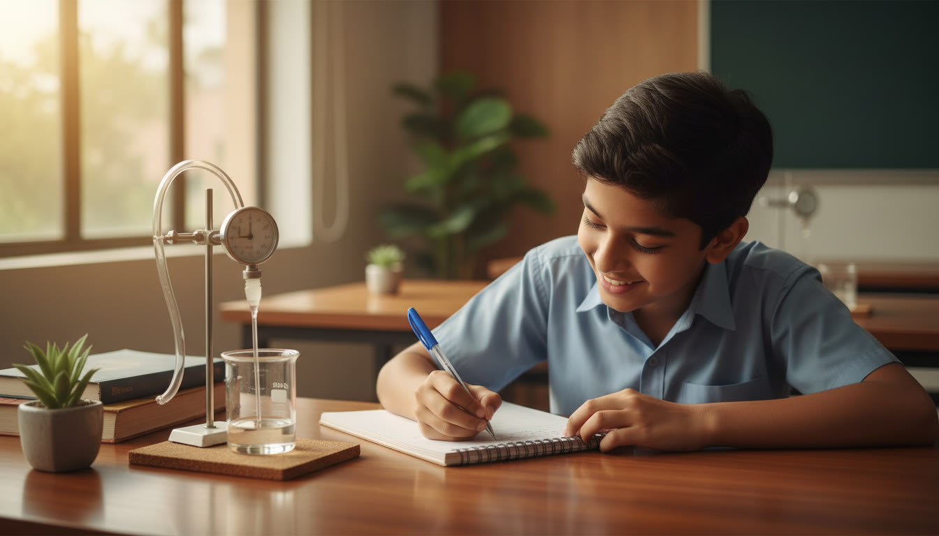 Photo Idea : Close-up of a student writing an observatory table in a lab notebook beside a simple apparatus