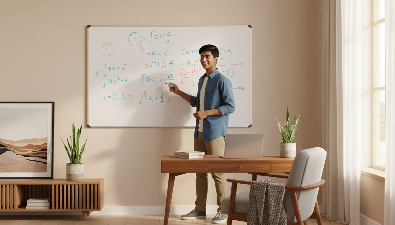 Photo Idea : A student solving a problem on a whiteboard with formulas and diagrams visible