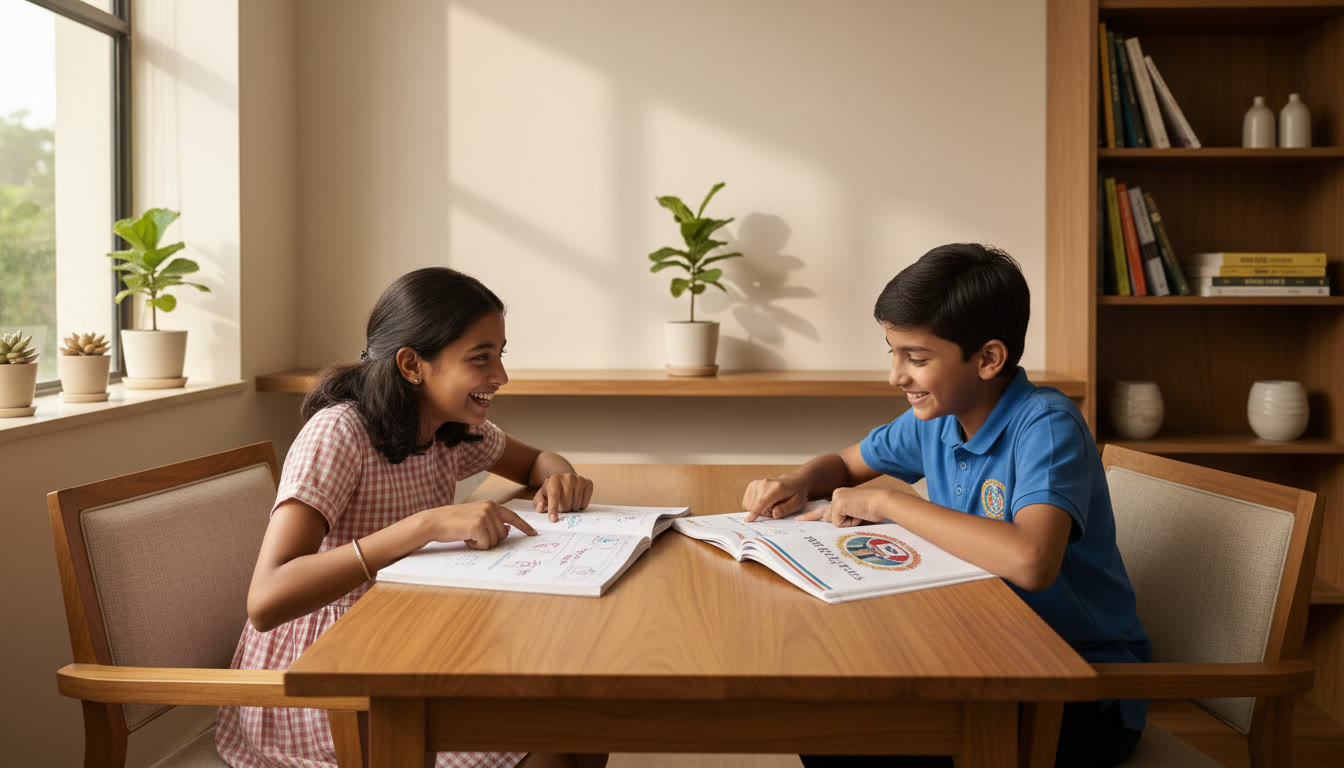 Photo Idea : Two students at a study table comparing neat notebooks labeled