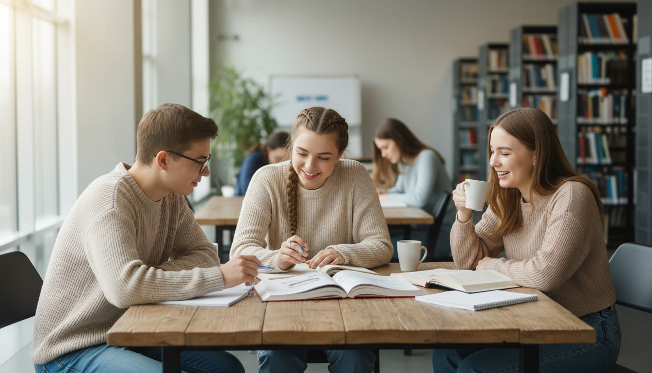 Photo Idea : a small group studying together with notebooks open, one student explaining to another