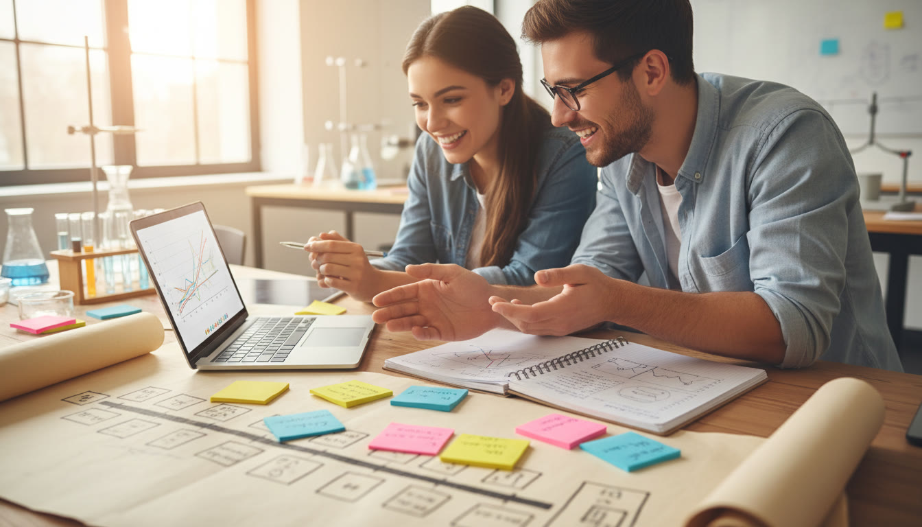 Photo Idea : Two students collaborating over lab notes and a laptop, with sticky notes and a timeline on paper