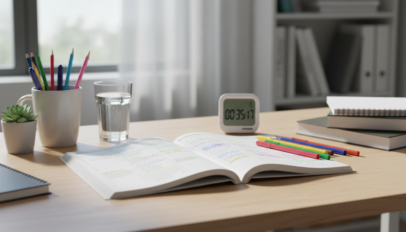 Photo Idea : A tidy desk with a timer, open past-paper, colored pens marking mistakes