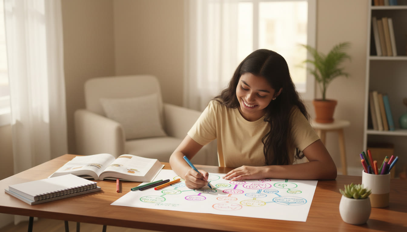Photo Idea : Student at a desk sketching a colourful concept map with textbooks and a notebook nearby