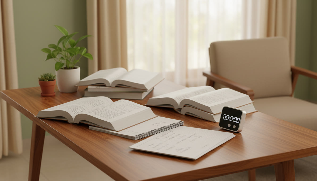 Photo Idea : Student at a tidy study desk with textbooks, hand-written notes, and a visible countdown timer