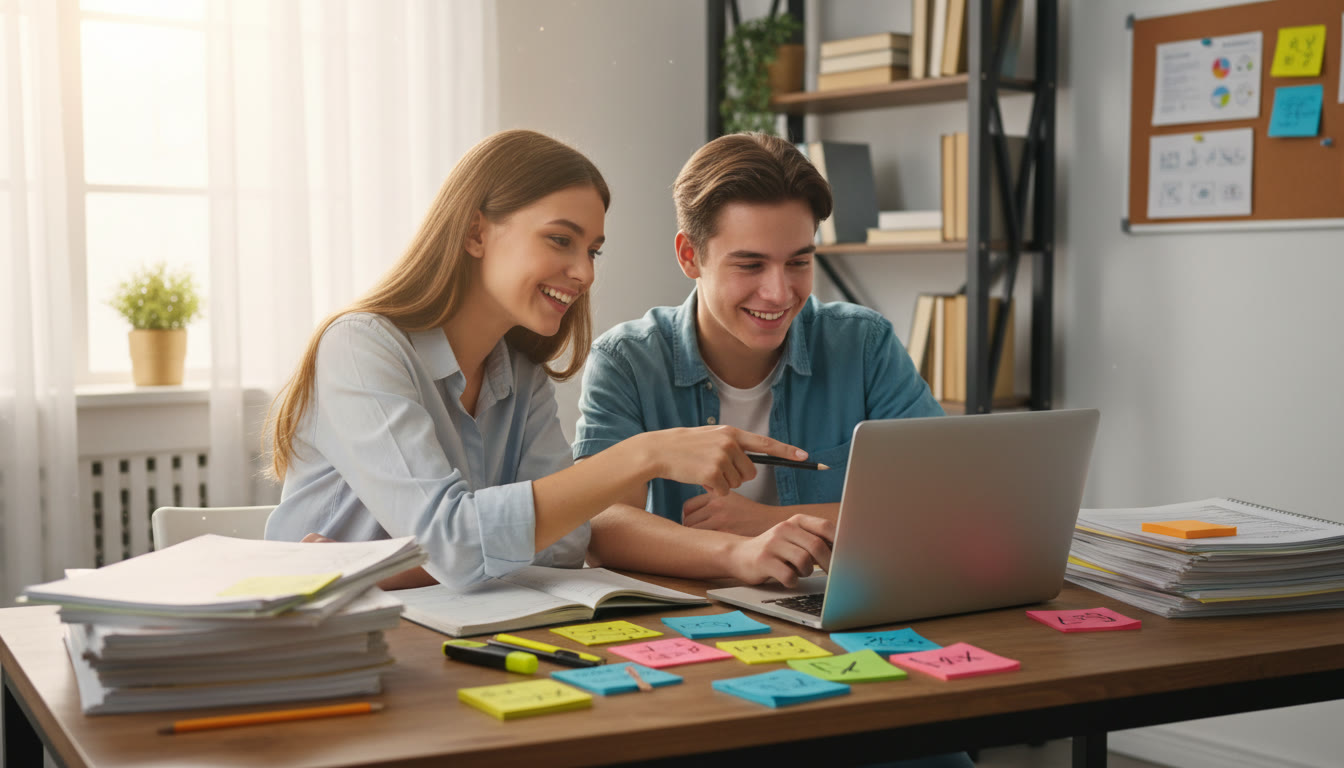 Photo Idea : A tutor and student working over a laptop with practice papers and colorful notes