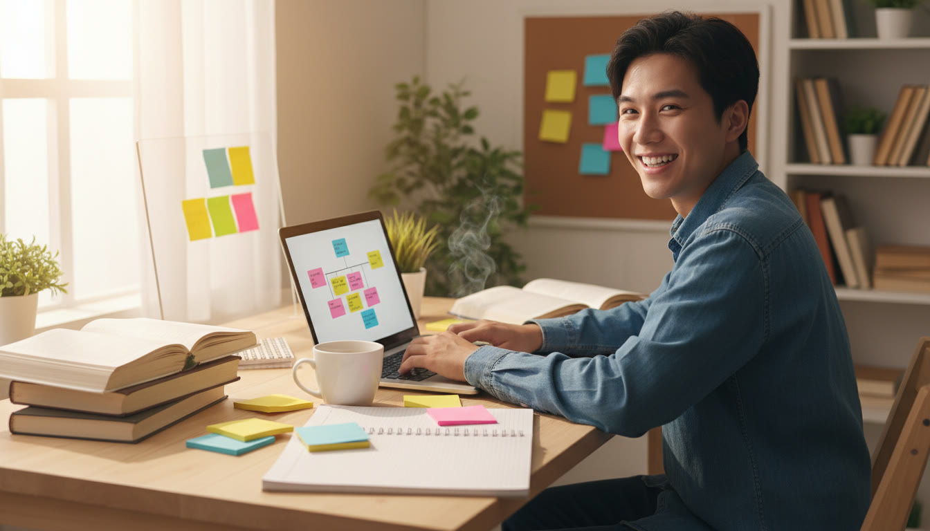 Photo Idea : Student at a desk with laptop, sticky notes and a cup of tea, mid-edit