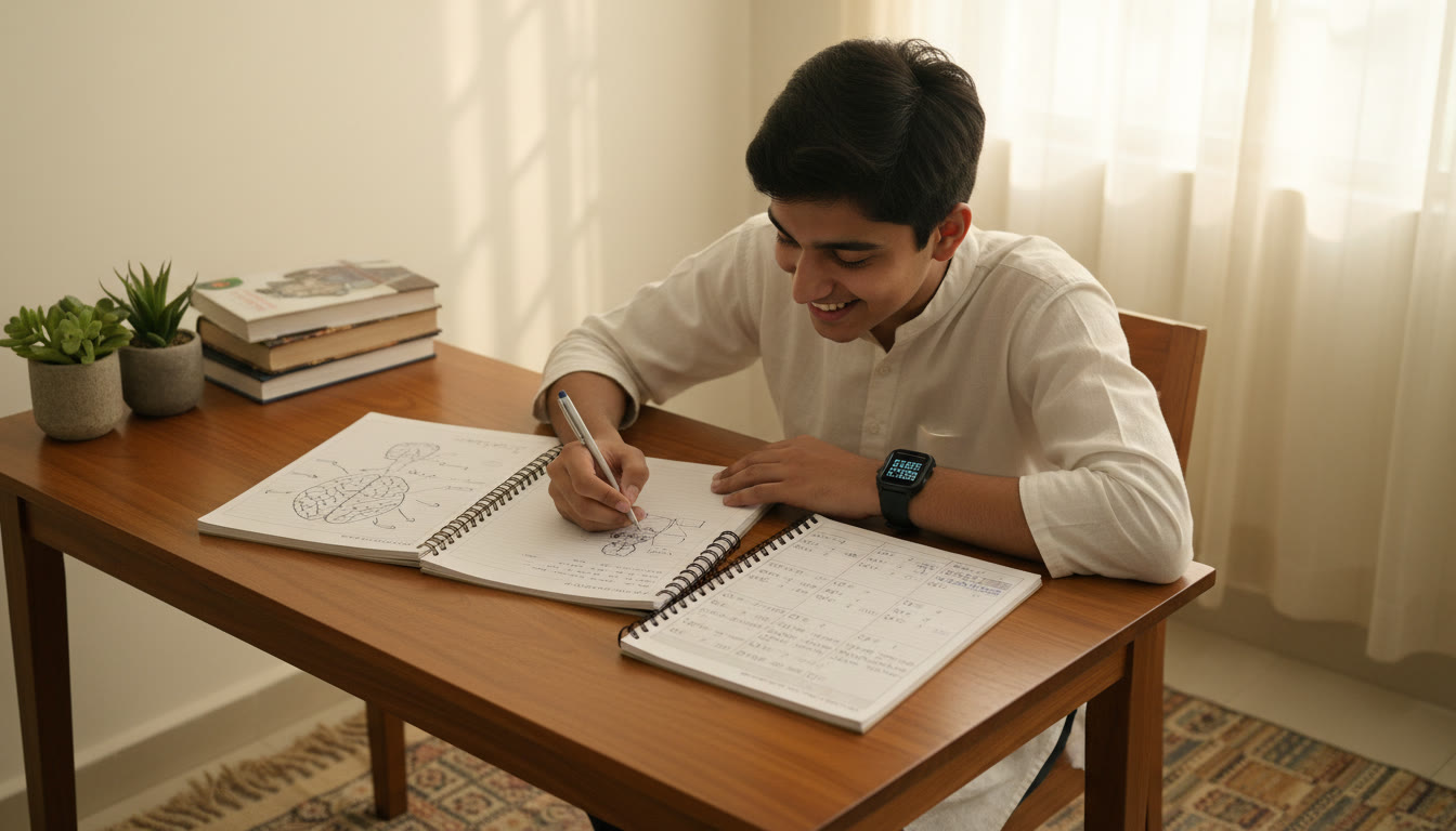 Photo Idea : A student at a desk with two notebooks open — one labeled ‘Board Notes’ and the other ‘NEET Practice’ — and a watch showing timed study.