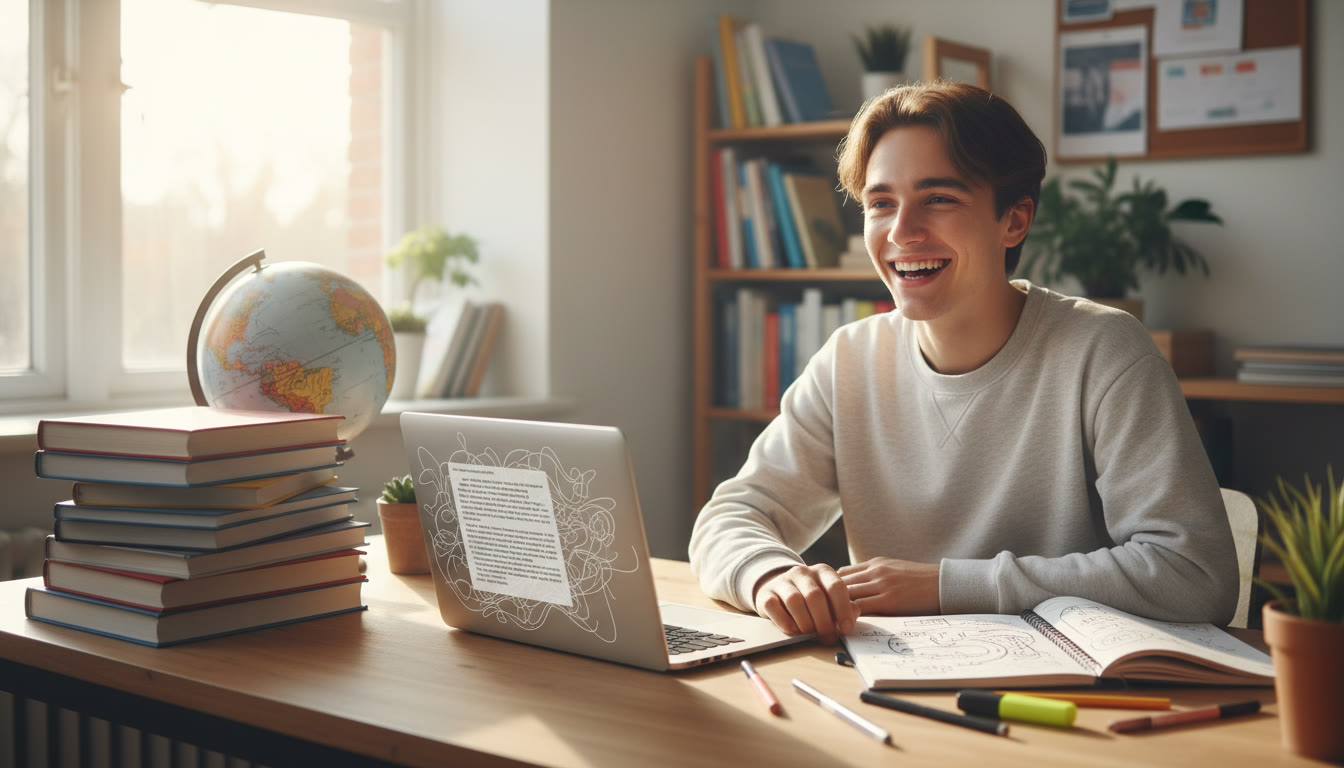 Photo Idea : Student at a desk surrounded by IB textbooks, a laptop with a draft personal statement, and a notebook filled with notes