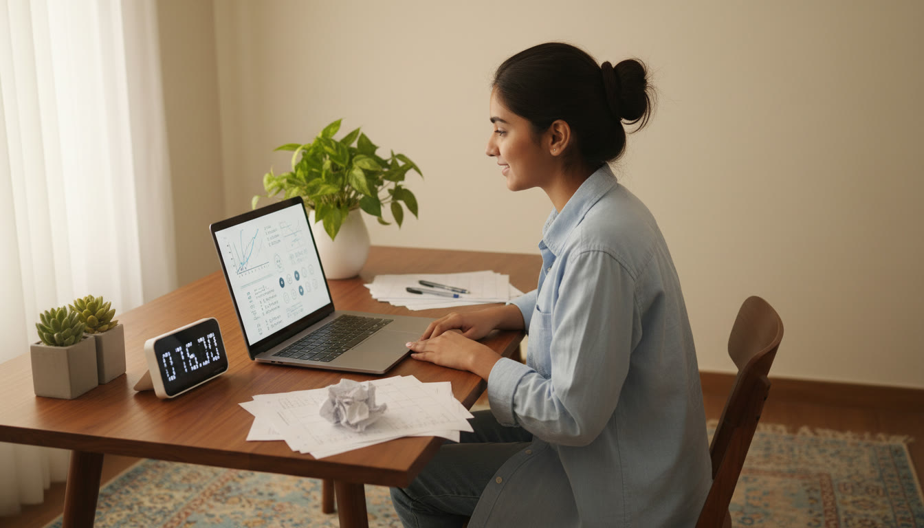 Photo Idea : Focused student at a desk taking a full-length mock test on a laptop with a timer and rough sheets nearby