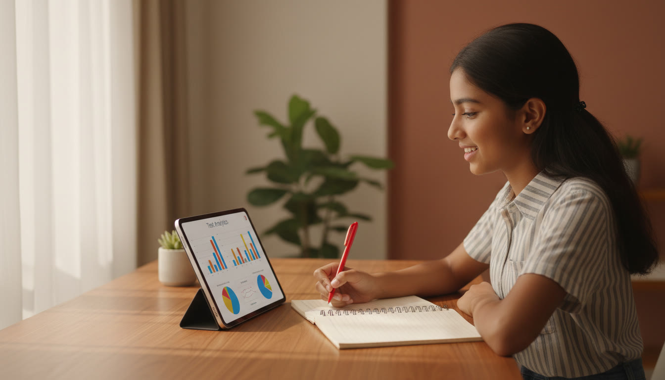 Photo Idea : student reviewing test analytics on a tablet with a notebook and red pen for error logging