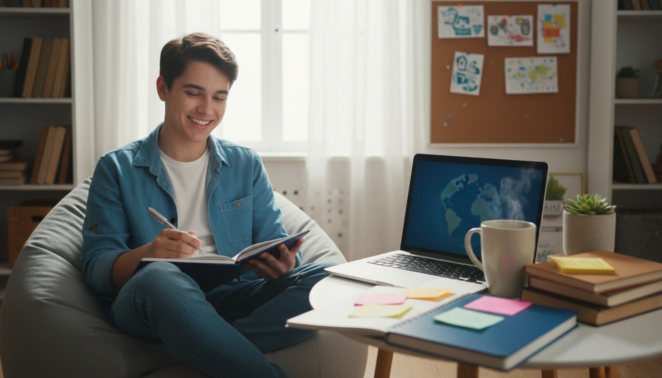 Photo Idea : A student journaling beside a laptop with a notebook labeled