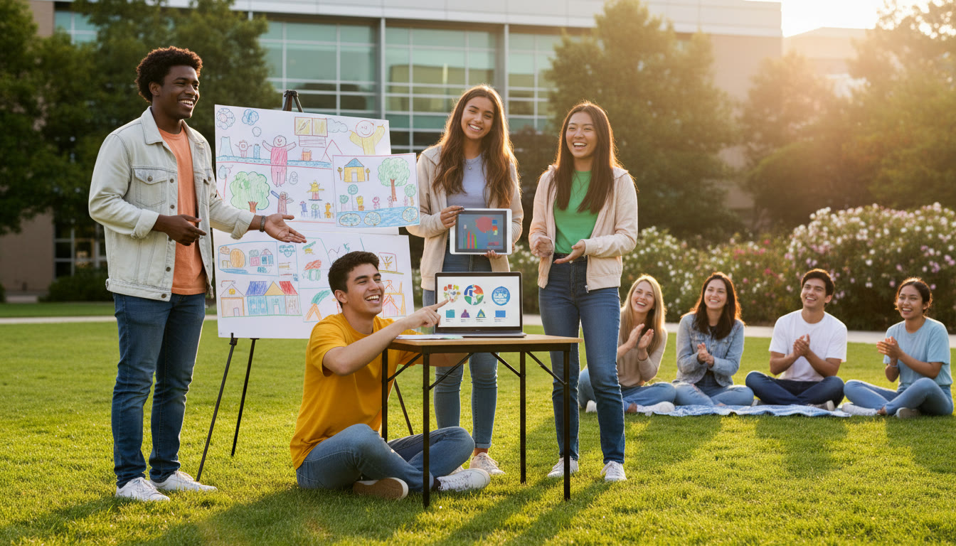 Photo Idea : A small group of diverse students presenting a community project with posters and a laptop, outdoors or in a classroom