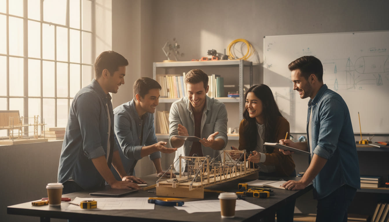 Photo Idea : Group of engineering students collaborating on a bridge model in a bright studio