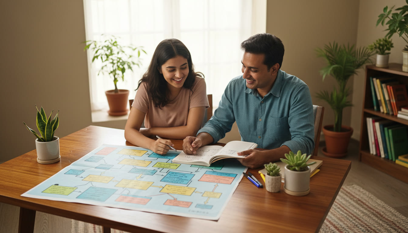 Photo Idea : A student and tutor working side-by-side over a notebook, with a colourful concept map spread out on the table