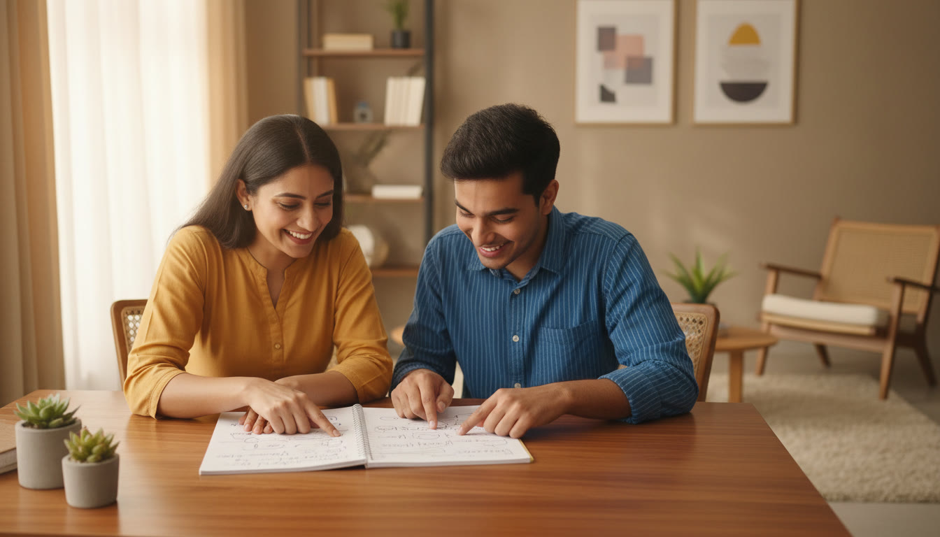 Photo Idea : A tutor and student discussing a paper, pointing at a marked mock test with annotations