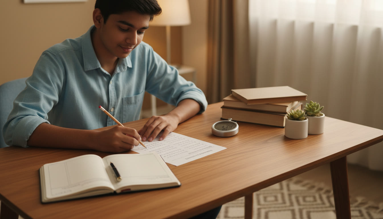 Photo Idea : a focused student marking answers on a practice sheet with a stopwatch and a tidy error-log notebook nearby