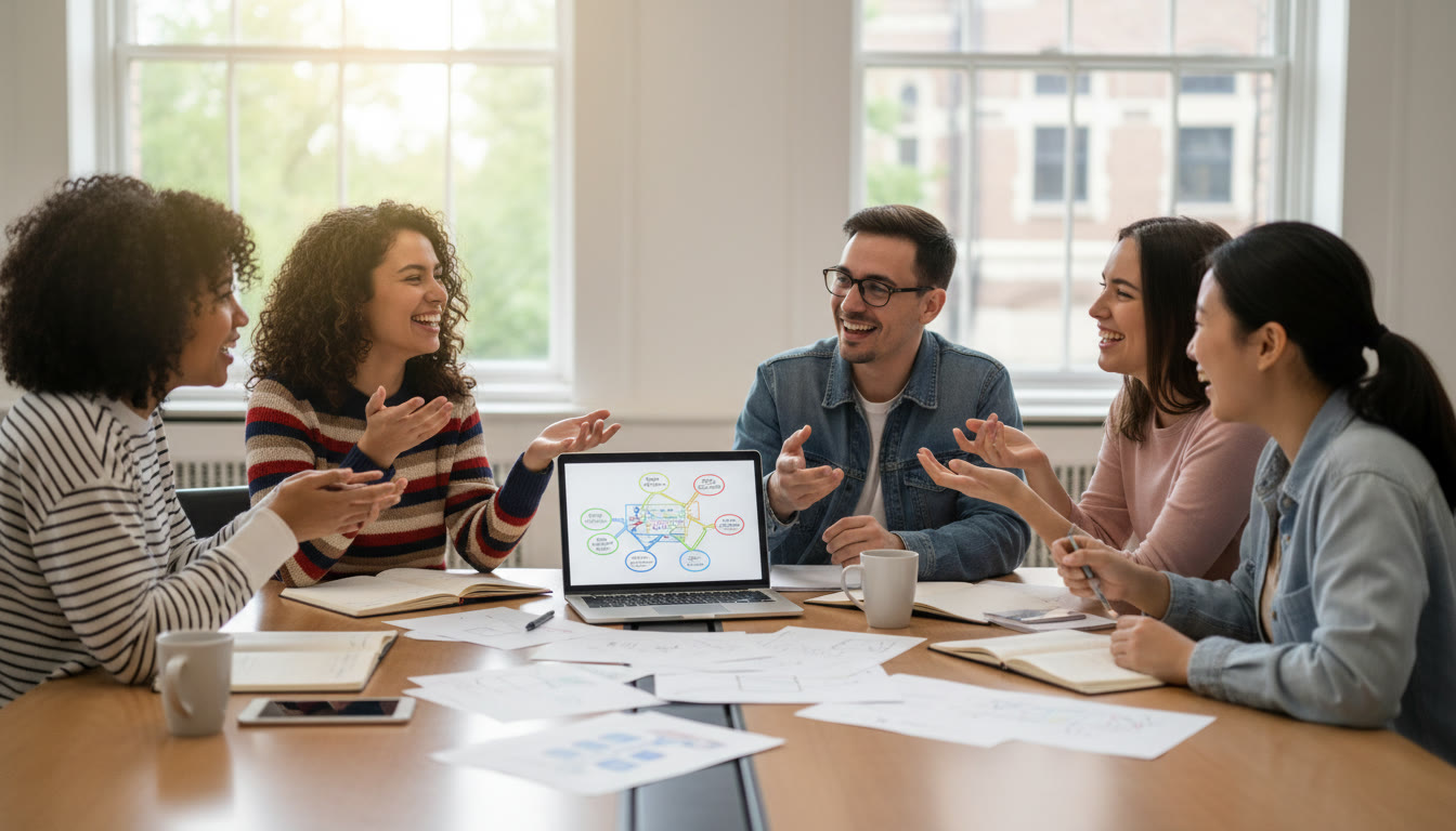 Photo Idea : Small group of students discussing a project around a table with notes and a laptop