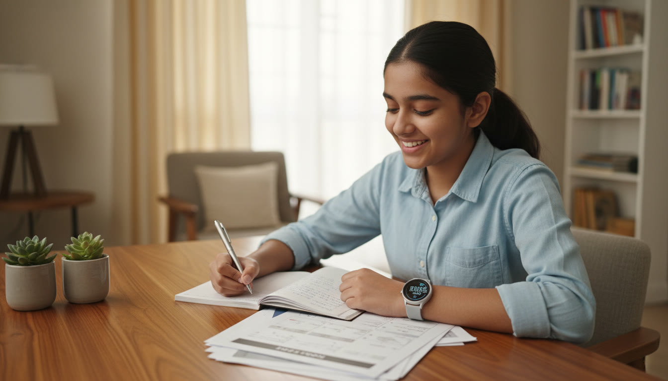 Photo Idea : A student at a desk taking notes with a printed mock-test paper and a smartwatch showing elapsed time