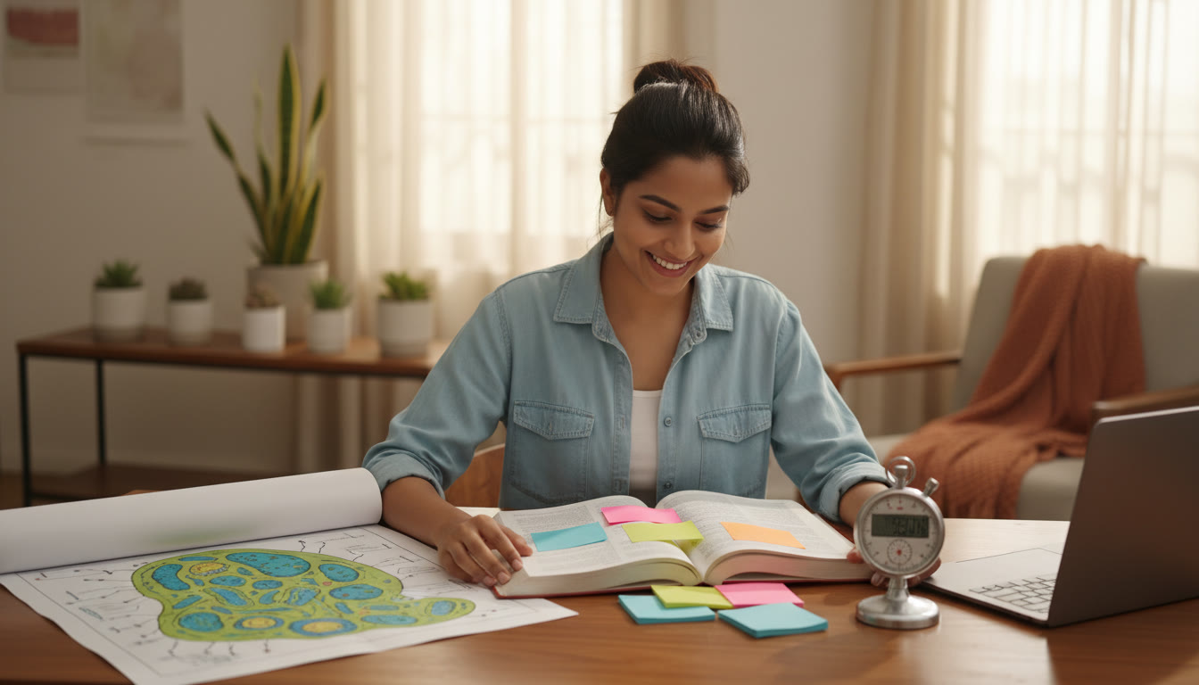Photo Idea : Student at a desk revising with a stopwatch, colorful sticky notes, and open biology diagram