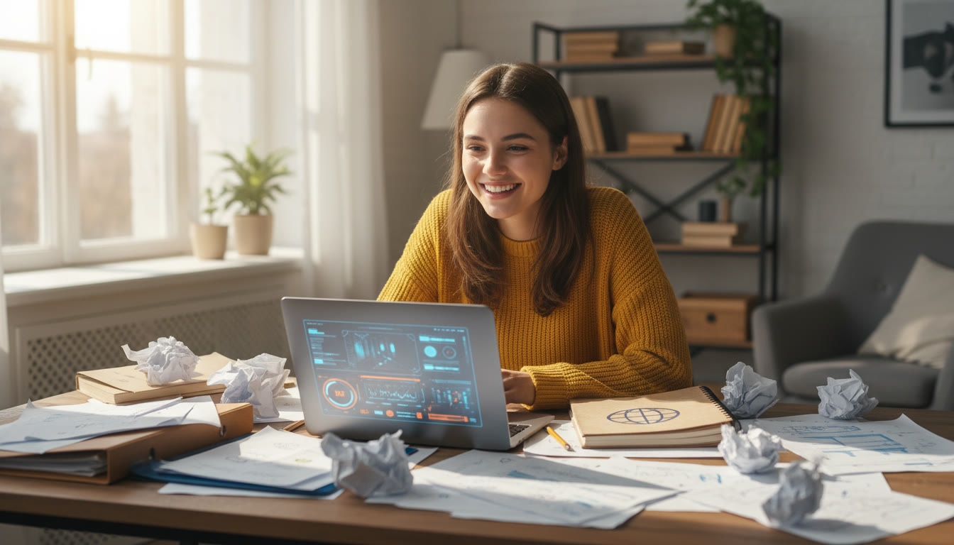 Photo Idea : Student at desk surrounded by draft pages and a laptop, warm natural light