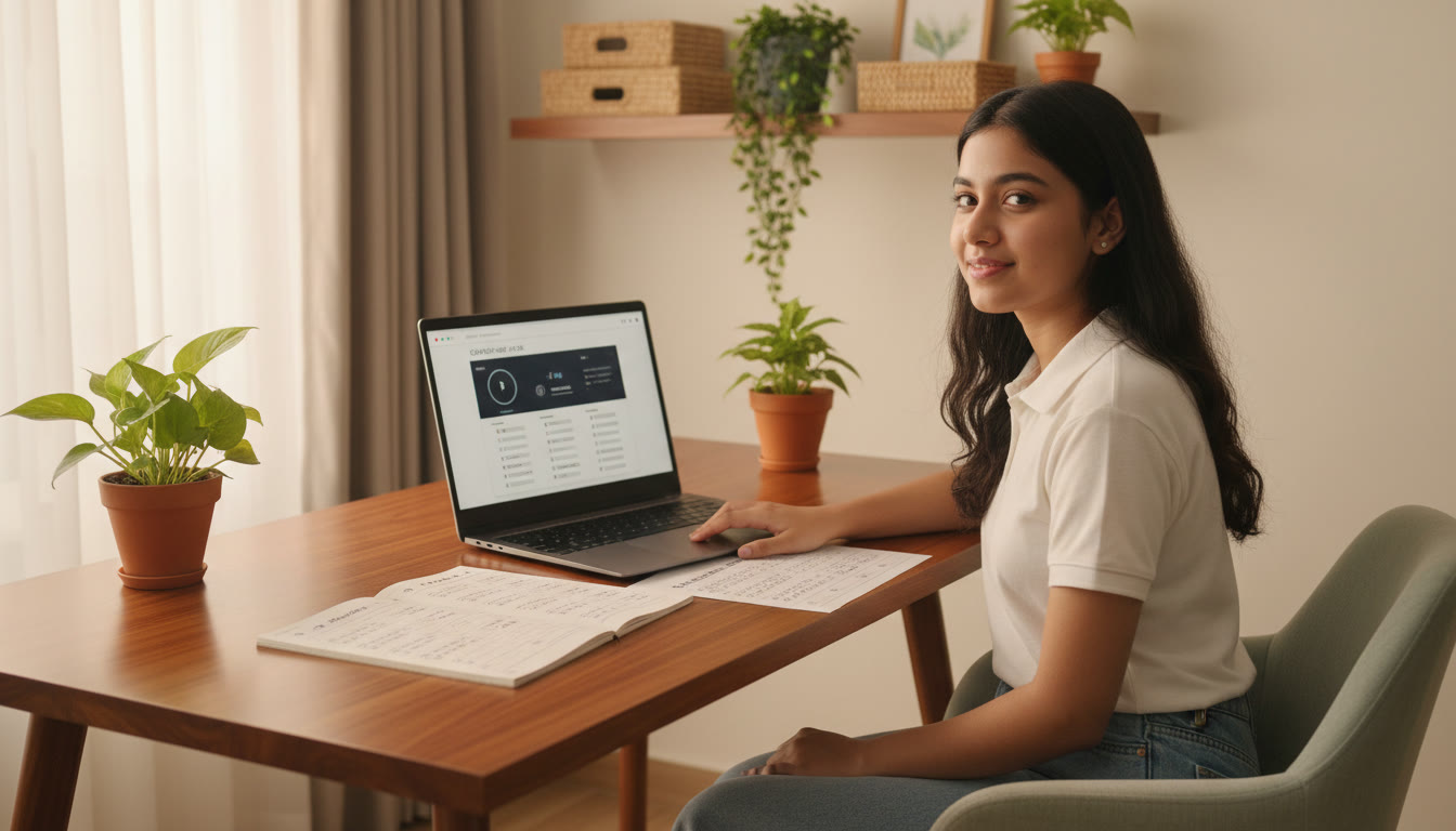 Photo Idea : A focused student at a desk with a neat one-page notebook, a mock OMR sheet beside a laptop running a timed mock test.