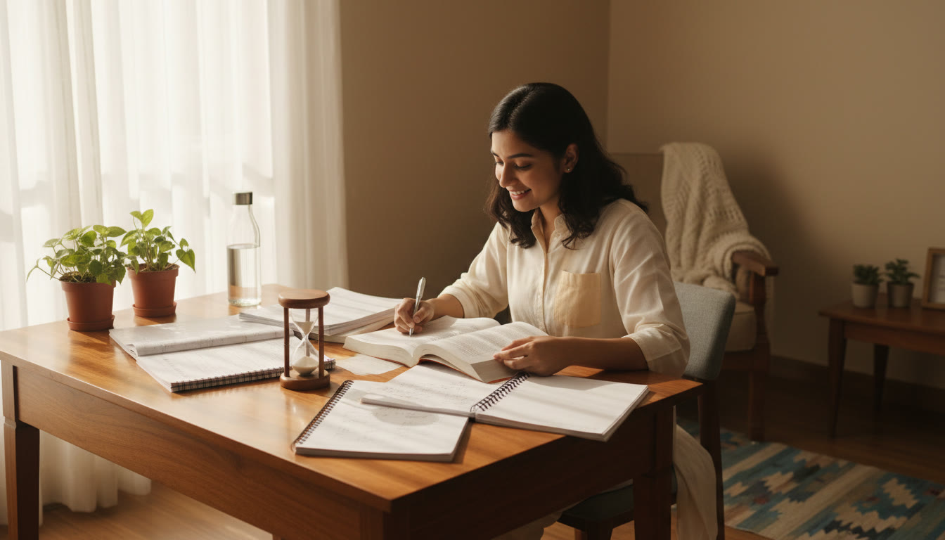 Photo Idea : A focused student at a study desk with open notebooks, a water bottle, and a small timer showing calm, natural light.